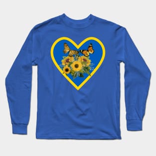 Golden Sunflowers and Butterflies in Sapphire Blue and Yellow Heart Long Sleeve T-Shirt